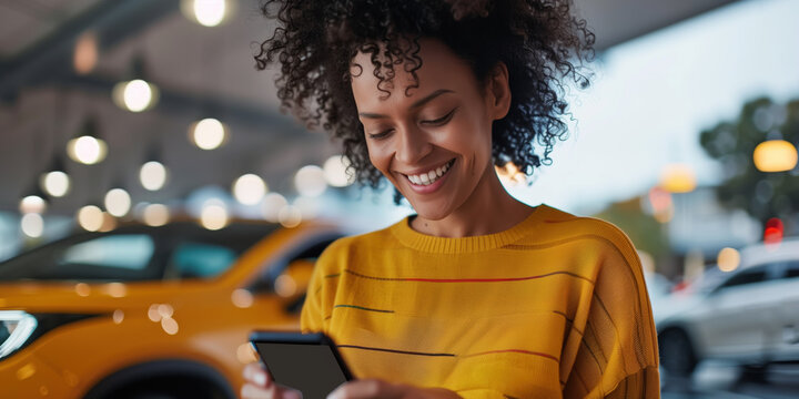 A smiling person using a smartphone to purchase a car