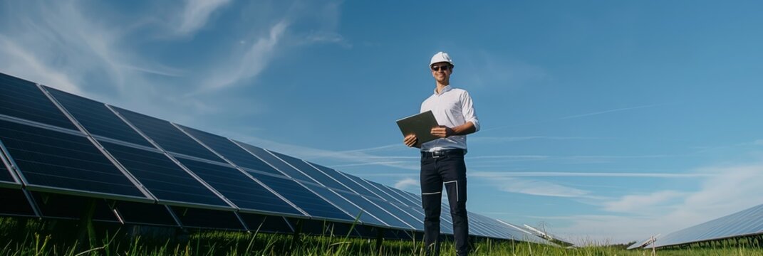 A dedicated engineer carefully places solar panels in a vast field under a clear blue sky to ensure efficient use of renewable energy sources for sustainability and clean energy production