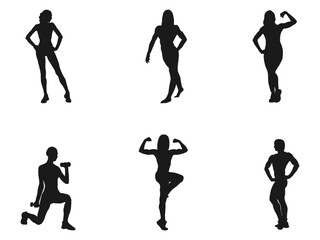 Young Athletic Girl silhouette vector. Posing fitness woman. Set or collection of various women sports exercising. Bodybuilder girl standing on high heels. Isolated on white background.