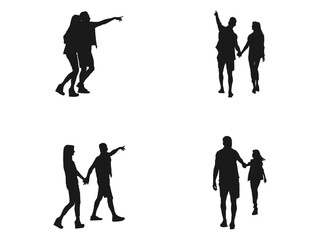 Side View of the Couple Walking and Pointing Upwards silhouettes vector. A man and a woman walk side by side. Modern fashion couple walking side view. Stylish man and young woman in casual outfit.