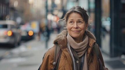 Fototapeta premium A woman wearing a brown coat and scarf is walking down a street