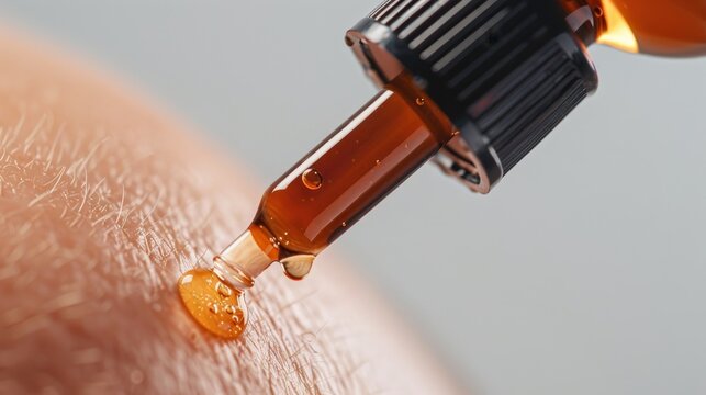 Vitamin dropper used on bald scalp from a top perspective, isolated clean background, bright studio lighting, designed for health product advertisement