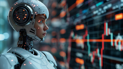 Fototapeta premium Trading robot standing and analyzing the crypto trading graph, symbolizing the graph growth up and artificial intelligence for stock market analysis. Generative AI.