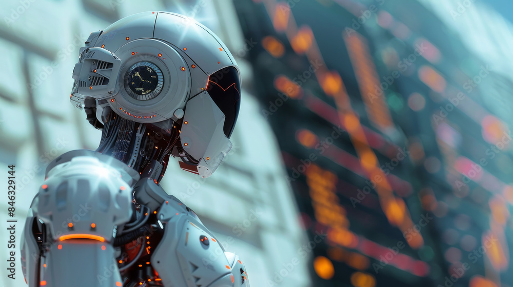 Poster Trading robot standing and analyzing the crypto trading graph, symbolizing the graph growth up and artificial intelligence for stock market analysis. Generative AI.