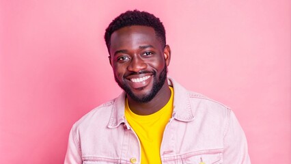 Obraz premium black man who is smiling and wearing a denim jacket. The man is looking directly at the camera, and he has a friendly smile on his face.