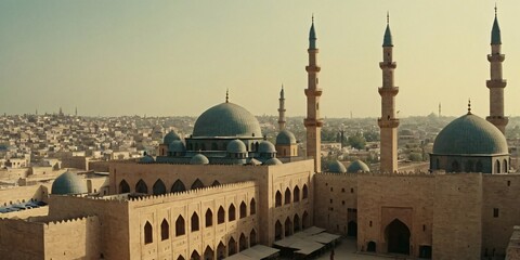 Watercolor painting of an ancient cityscape with prominent mosques and minarets.