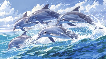  A pod of dolphins leaping above a tranquil body of water against a backdrop of blue sky and fluffy clouds