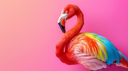 Obraz premium Pink, Blue, Red, Yellow, Green..Description: A tight framed image of a flamingo