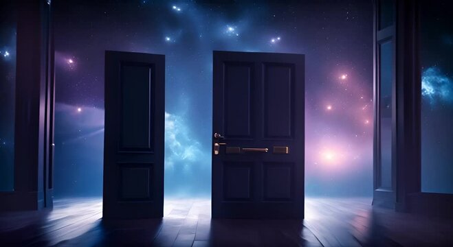 Dark room with light through a large door on a starry sky background