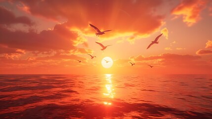 Breathtaking Seaside Sunset with Silhouetted Seabirds Soaring Against an Ethereal Orange Sky