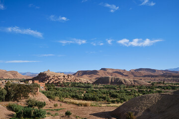 panoramic view of the fortified Berber village of Ait Benhaddou, Morocco on the banks of the Ounila river