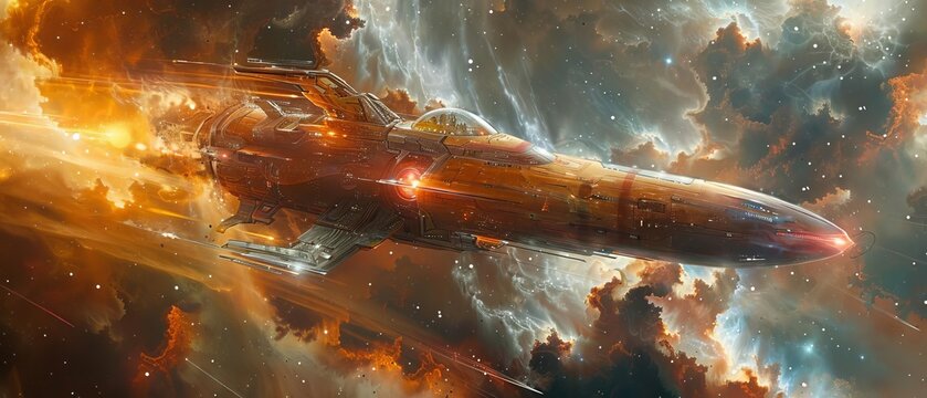 A digital painting of a highly advanced spacecraft traveling through a wormhole