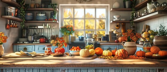 A digital rendering of a cozy kitchen during fall, featuring a variety of baking ingredients and seasonal treats arranged in an inviting and appetizing display