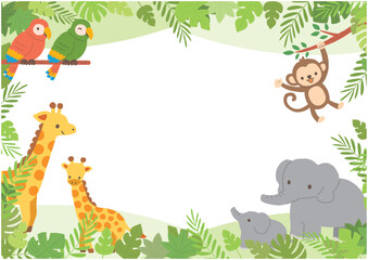 自然と動物たちのフレーム（キリン・ゾウ・サル・オウム）
