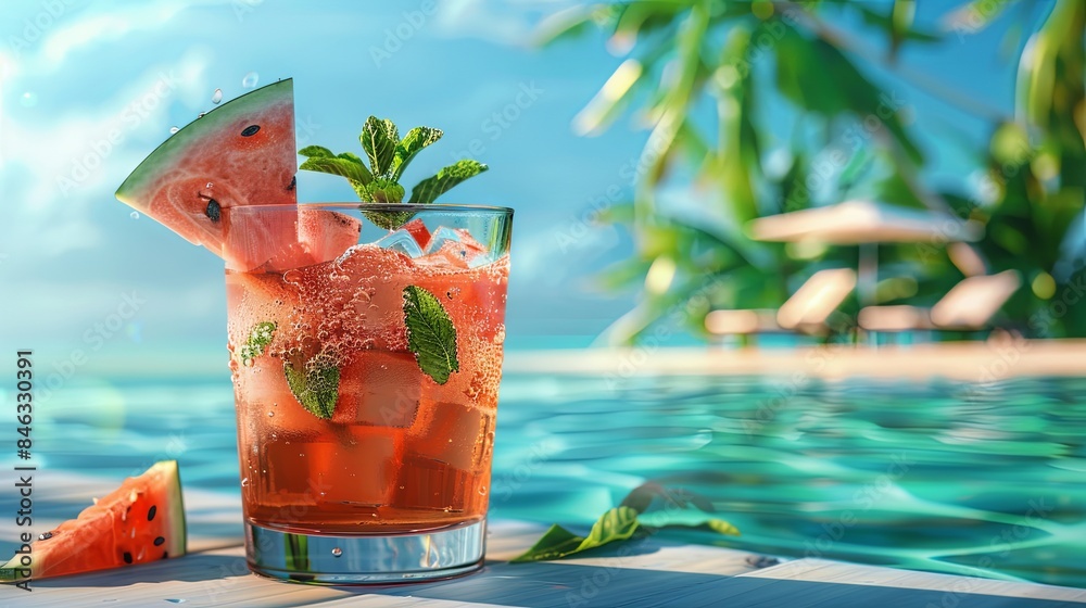 Aufkleber a glass of watermelon cocktail with a slice of watermelon and mint garnish sits by a pool on a sunny