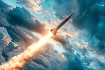 Fototapeta premium Dramatic scene of a military missile launch breaking through clouds in the sky, suitable for concepts related to space exploration, astronomy, ballistic rockets, or air defense systems