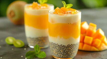  A close-up of two desserts in glasses, each garnished with fruit on one side