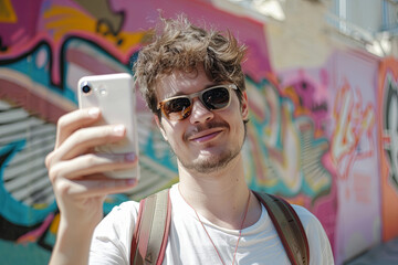 Fototapeta premium Young man taking a self-portrait with his mobile phone, representing the popularity of selfies and smartphone photography in modern culture