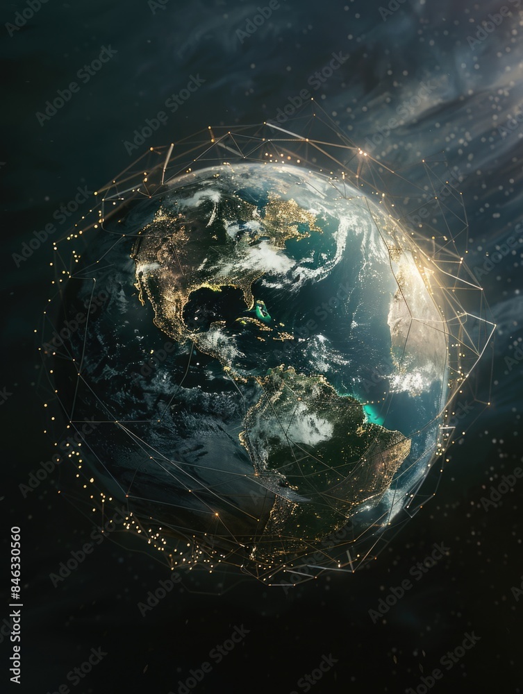 Wall mural a planet with a network of lines surrounding it
