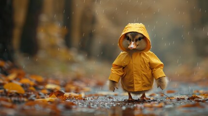 Fototapeta premium A duck is standing in the rain wearing a yellow raincoat
