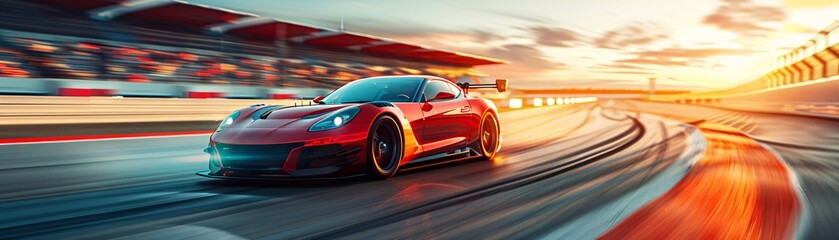 Motor sports competitive team racing, fast moving generic race car racing down the track with motion blur, 3d rendering, capturing the raw energy and intensity of the race,