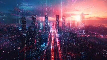 Fototapeta premium A futuristic cityscape with holographic projections and sleek skyscrapers against a digital horizon Incorporate tech elements for a Sharp-edge feel