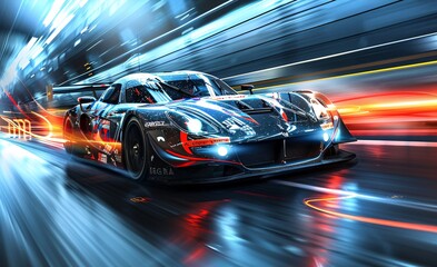 Fototapeta premium Motor sports competitive team racing, fast moving generic race car racing down the track with motion blur, 3d rendering, highlighting the sleek design and speed of the car, dramatic lighting,