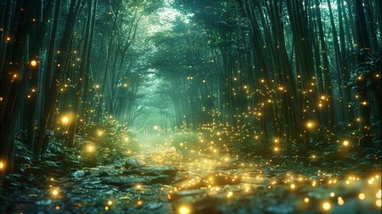 In the summer night, the fireflies in the bamboo forest emit fluorescent green spots, which is a beautiful dreamlike picture. Generative AI.