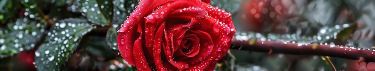 A vibrant red rose in full bloom its velvety petals glistening with dewdrops in the morning light