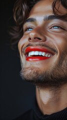 Fototapeta premium portrait of handsome caucasian man with red lips, transvestite, metrosexual