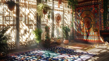 Obraz premium A sunroom with a bohemian chic design, decorated with colorful tapestries, hanging plants, and sunlight creating intricate shadow patterns