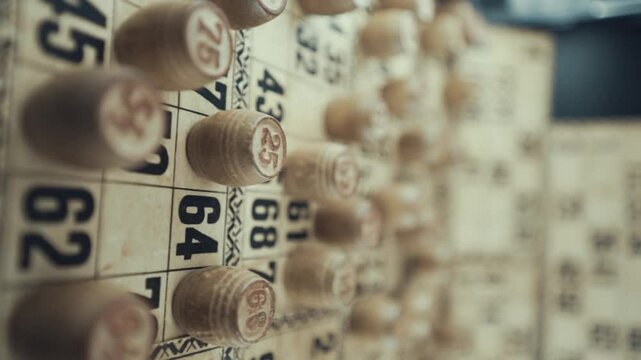 A Vertical Macro video of a Bingo board, studio lights, 120 fps, slow motion, wooden chip digits, Raw footage, vintage lottery desk game, card numbers, crane pull back movement