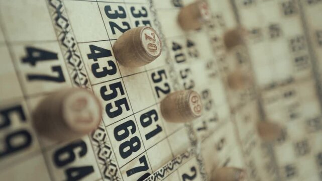 A Vertical Macro video of a Bingo board, studio lights, 120 fps, slow motion, wooden chip digits, Raw footage, vintage lottery desk game, card numbers, crane pull back dreamy movement