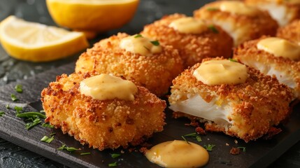 crab cakes and lemon wedges next to a sliced lemon