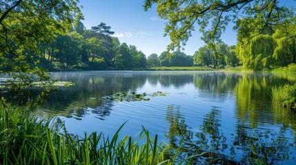 A serene lake surrounded by lush greenery and reflected in the calm water.