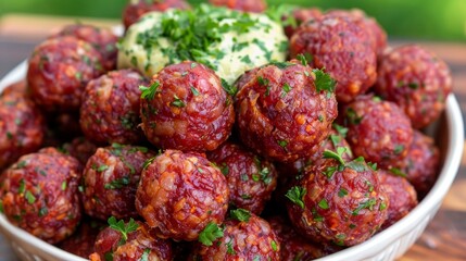  A white bowl holds meatballs in red sauce, generously garnished with parsley Nearby sits a small bowl of steamed broccoli