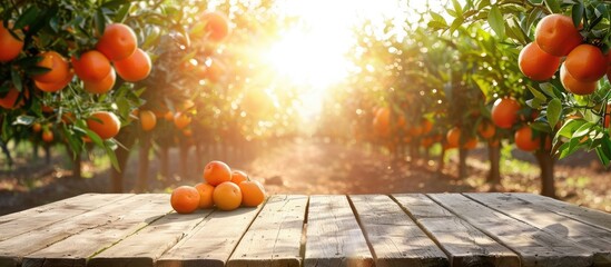A wooden table offers a blank canvas for your decor, surrounded by orange trees bearing ripe fruit...