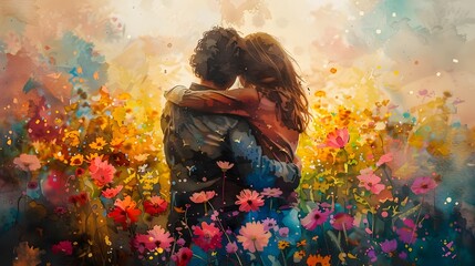Obraz premium Warm Embrace Amidst Vibrant Floral Field in Watercolor Painting
