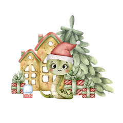 New Years Christmas hand drawn illustration in watercolor with cute little snake, christmas tree, gifts, candlestick house. Year of the snake, cute cartoon snake painted in watercolor
