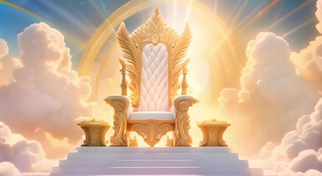 A majestic white throne with gold accents among fluffy clouds with rays of sunlight