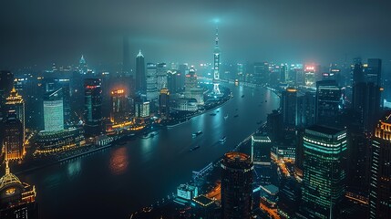 Shanghai, at night in the dark. Aerial high view. Generative AI.