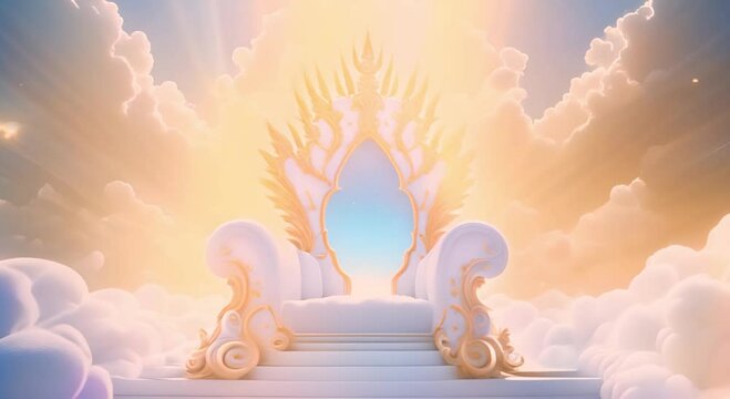 A majestic white throne with gold accents among fluffy clouds with rays of sunlight