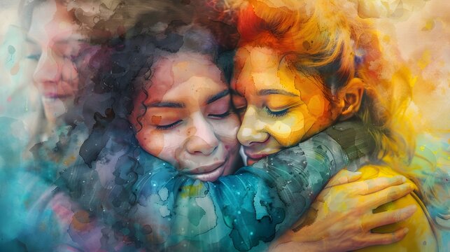 Vibrant Watercolor of Diverse Friends Embracing in Heartfelt Connection