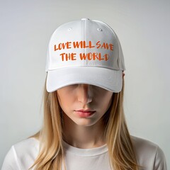 a young woman with blonde hair wearing a white baseball cap with "LOVE WILL SAVE THE WORLD" in orange letters. She is also wearing a white t-shirt and is looking down, creating a serious and pensive