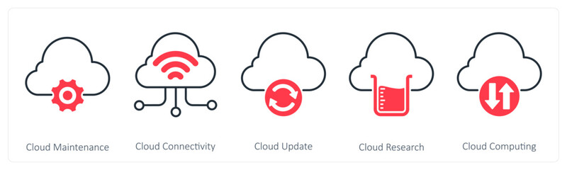 A set of 5 Mix icons as cloud maintenance, cloud connectivity, cloud update