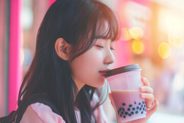 Young woman enjoying a refreshing bubble tea drink on a sunny day