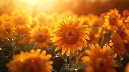 Fototapeta premium Vibrant Field of Blooming Sunflowers Basking in Warm Sunlight Exuding a Sense of Joyful Tranquility