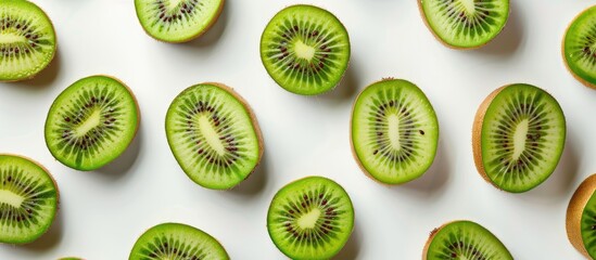 Fototapeta premium Whole, half, and sliced kiwi fruits displayed on a white background from an overhead perspective