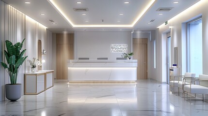 Hospital reception, hospital interior, stable hospital interior. Generative AI.