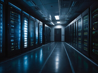 Server racks in computer network security server room data center.